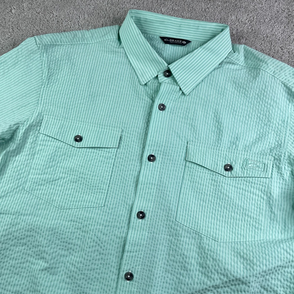 Drake Shirt Mens Large Blue Teal Seersucker Performance Vented Fishing Button Up